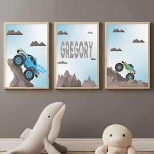 Set of 3 Monster Truck Nursery Decor Wall Art Print| Personalized name| Monster Truck Boy Room Decor| Truck Child Kids Printable
