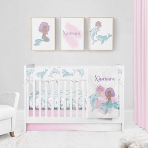Mermaid Crib Bedding Set, Crib Bedding Set Girl, Mermaid Nursery, Teal Purple Crib Bedding, Personalized Crib Sheet, Baby Mermaid Bedding
