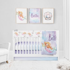 Mermaid Crib Bedding Set, Crib Bedding Set Girl, Mermaid Nursery, Teal Purple Crib Bedding, Personalized Crib Sheet, Baby Mermaid Bedding