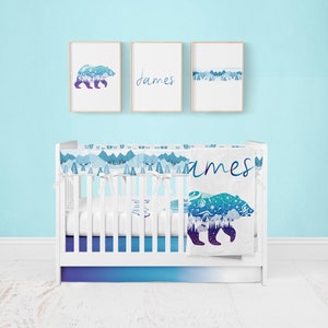 Organic Baby Boy Crib Sheet, Woodland Nursery, Constellations, Grizzly Bear, Blue, Boy Crib Bedding, Baby Shower Gift, Boy Nursery