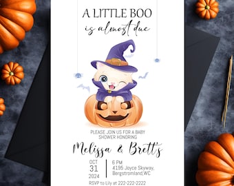 Faire-part de baby shower modifiable A Little Boo, invitation de baby shower garçon Halloween, invitation de baby shower d'Halloween fantôme