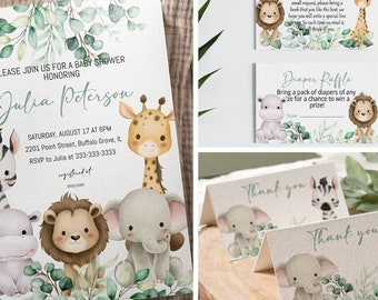 Editable Safari Baby Shower Invitation Set, Jungle Baby Shower Invite Bundle, Greenery Jungle Safari Animals Invitation Template