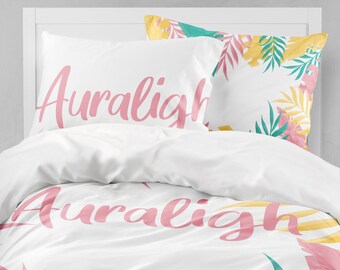 Pink palm duvet | Etsy Tropical Duvet Cover Coco Palms White
