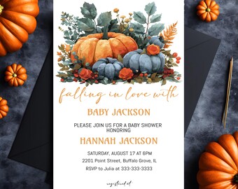 Falling in Love Baby Shower Editable Invitation, Autumn Baby Shower Invite, Gender Neutral Baby Shower, Autumn Floral Shower Invite