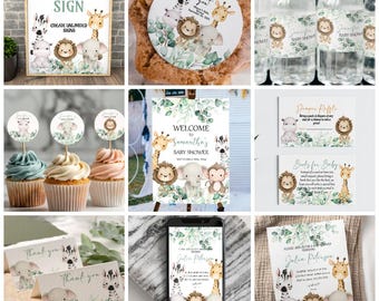 Kit de chá de bebê Safari editável, Kit de convite para chá de bebê na selva, Kit de chá de bebê com animais do Safari na selva e muito verde