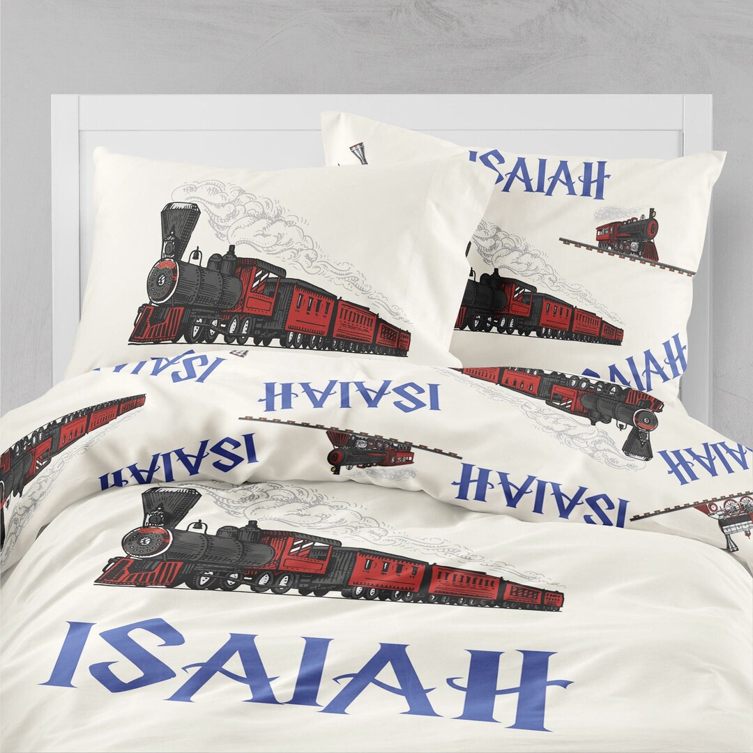 Train Duvet Cover Set, Red Train Bedding, Personalized Bedding, Vintage