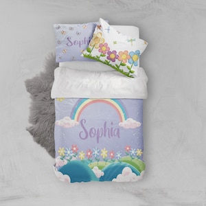 Rainbow duvet cover, rainbow bedding, butterfly bedding, girls room, toddler bedding, twin bedding, flower bedding, spring bedding