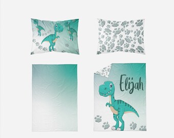 Aminata Kids Dino - Biancheria Da Letto 135x200 Per Bambini Con Dinosauri T-Rex, 100% Cotone, Double-face Verde - Regalo Perfetto Per Ragazzi