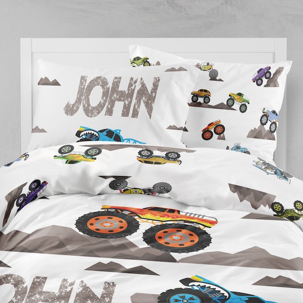 Monster truck duvet cover set, personalized bedding, monster trucks, boys room, toddler bedding set, twin bedding, monster truck bed