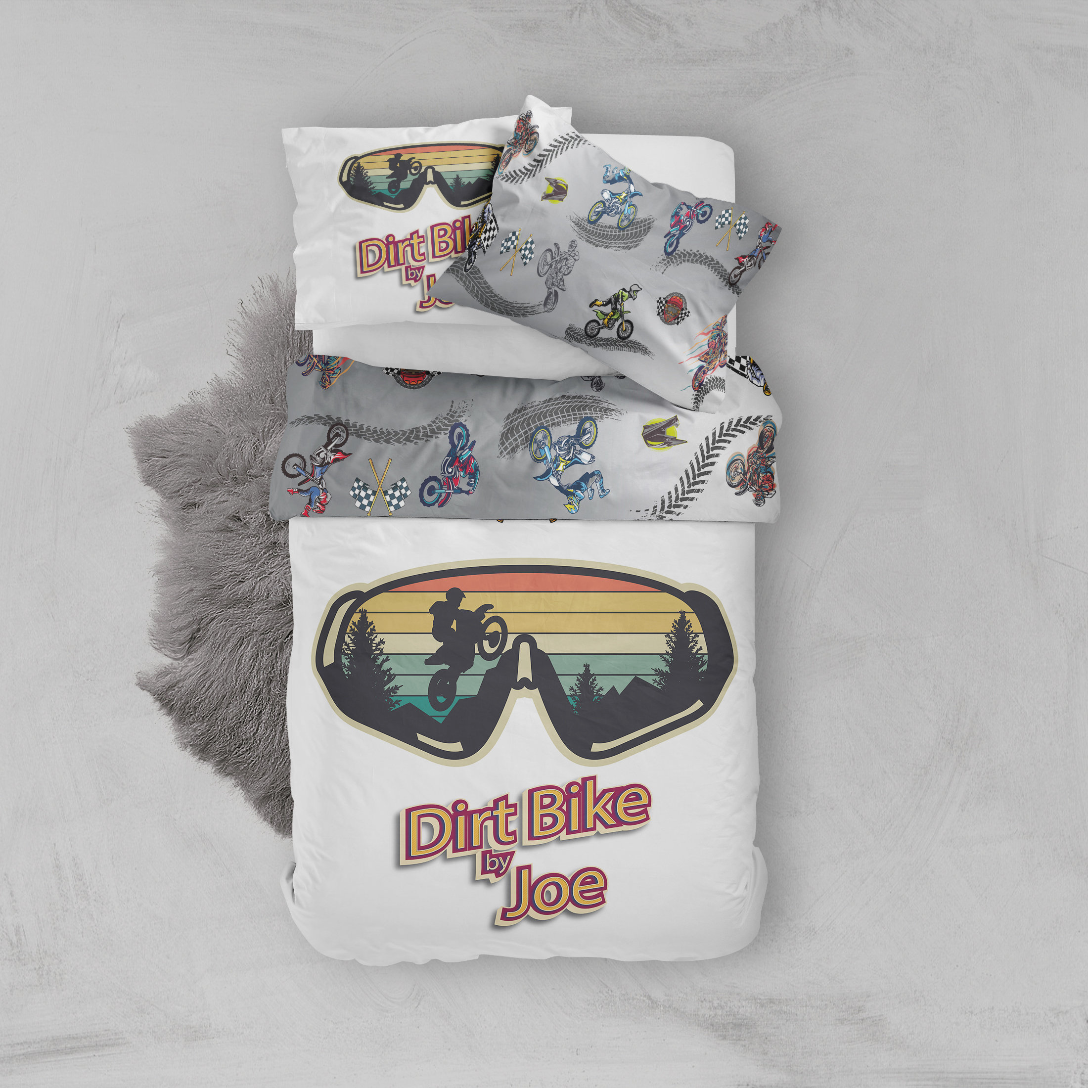 Custom Dirt Bike Duvet Sets With Pillowcases, Dirt Bike Bed Sheets With Name On For Kids, Boys Biker Bedding, Motocross Quilt