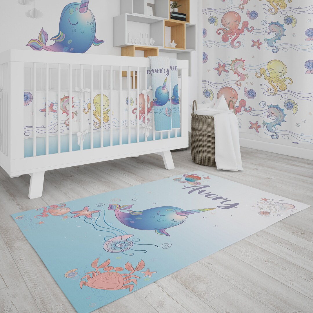 Ocean Room Rug, Baby Girl Nursery Rug, Custom Ocean Rug, Crib Set Girl