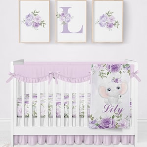Floral Girl Crib Bedding, Elephant Baby Bedding Set, Floral Elephant Nursery, Personalized Baby Blanket, Personalized Crib Bedding Set