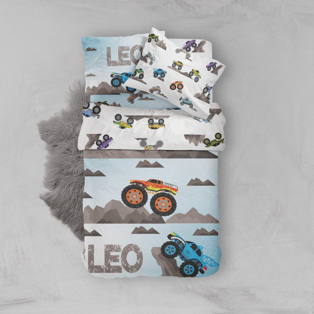 Monster Truck Duvet Cover Set, Personalized Bedding, Blue Monster