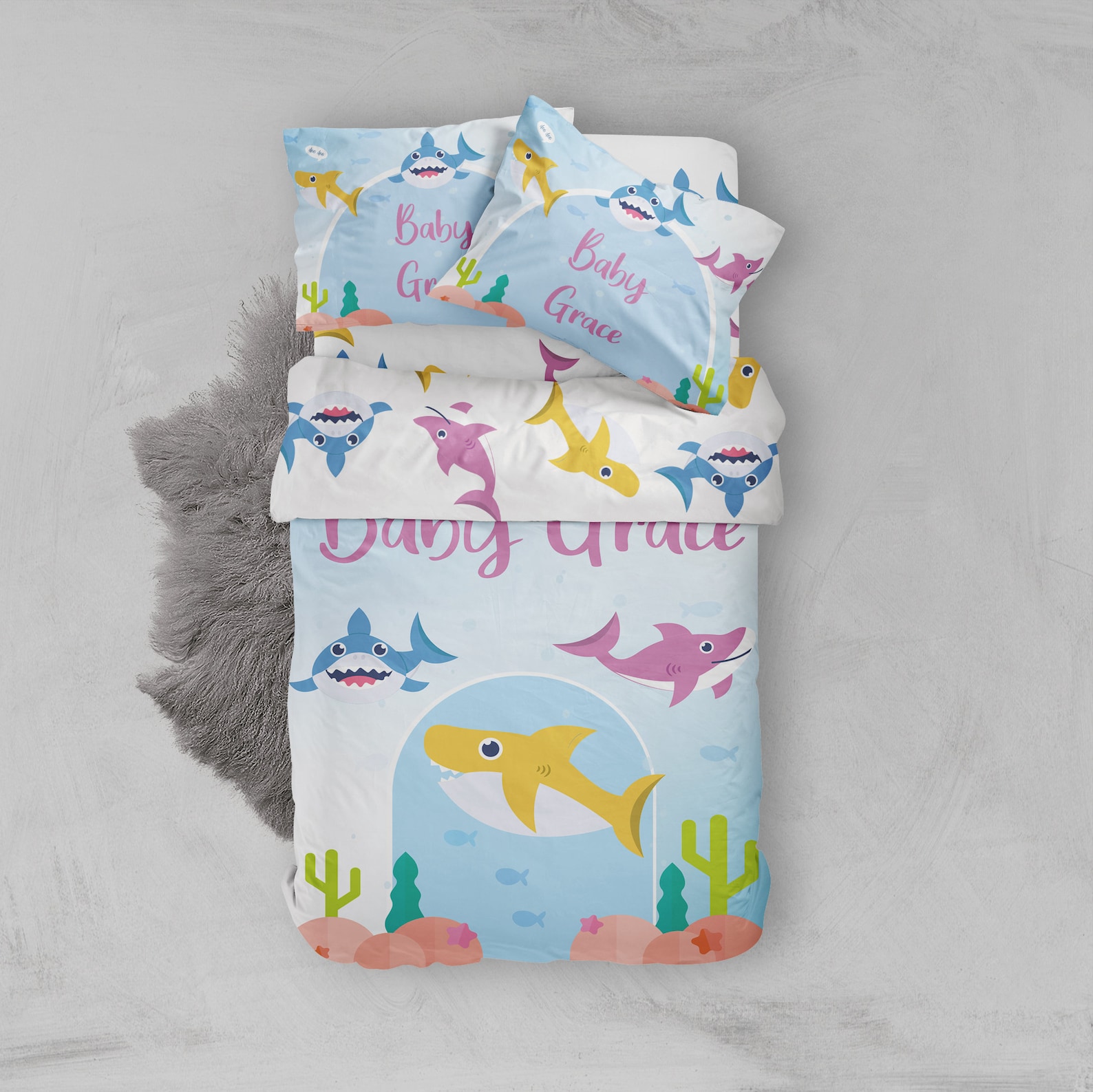 Baby Shark Bedding Set Personalized Bed Cover Baby Shark Etsy