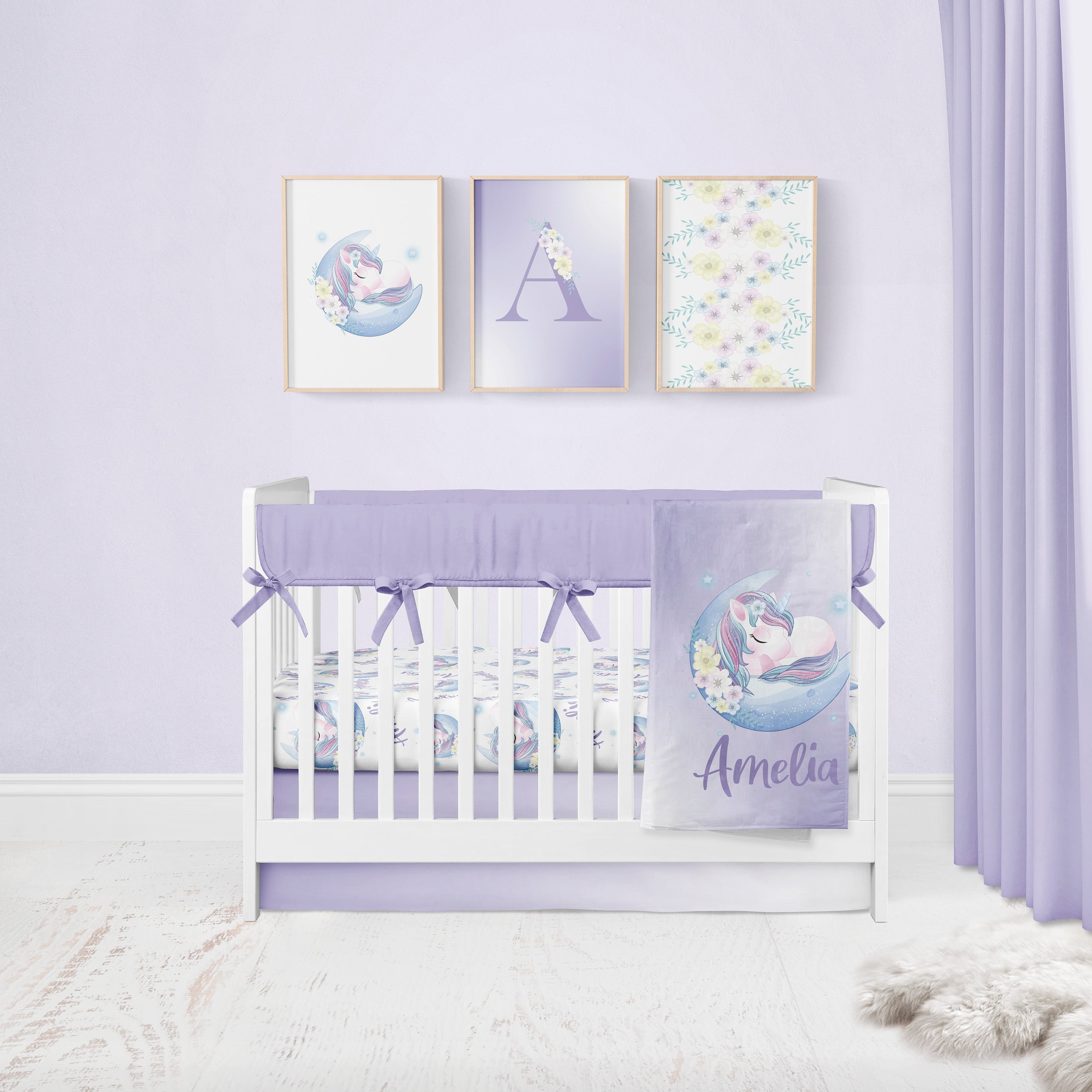 Unicorn dreams purple 3 piece baby girl crib bedding set sale