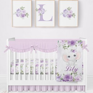 Floral Girl Crib Bedding, Elephant Baby Bedding Set, Floral Elephant Nursery, Personalized Baby Blanket, Personalized Crib Bedding Set