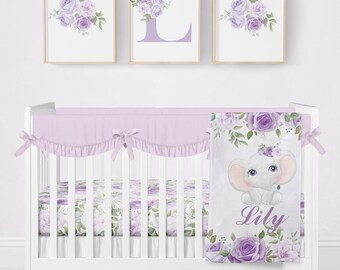 Floral Elephant Girl Crib Bedding Set: Organic Cotton, Personalized Blanket