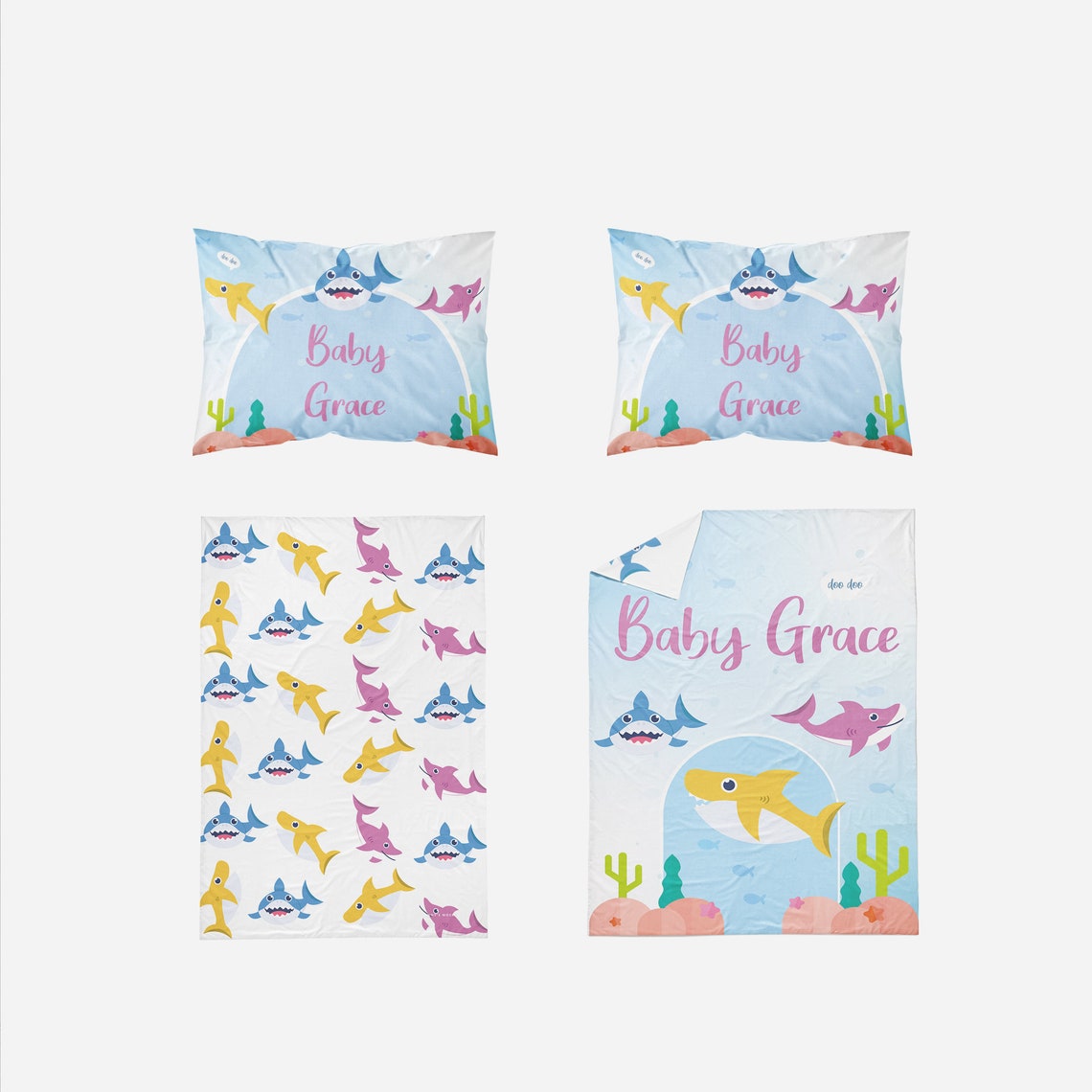 Baby Shark Bedding Set Personalized Bed Cover Baby Shark Etsy