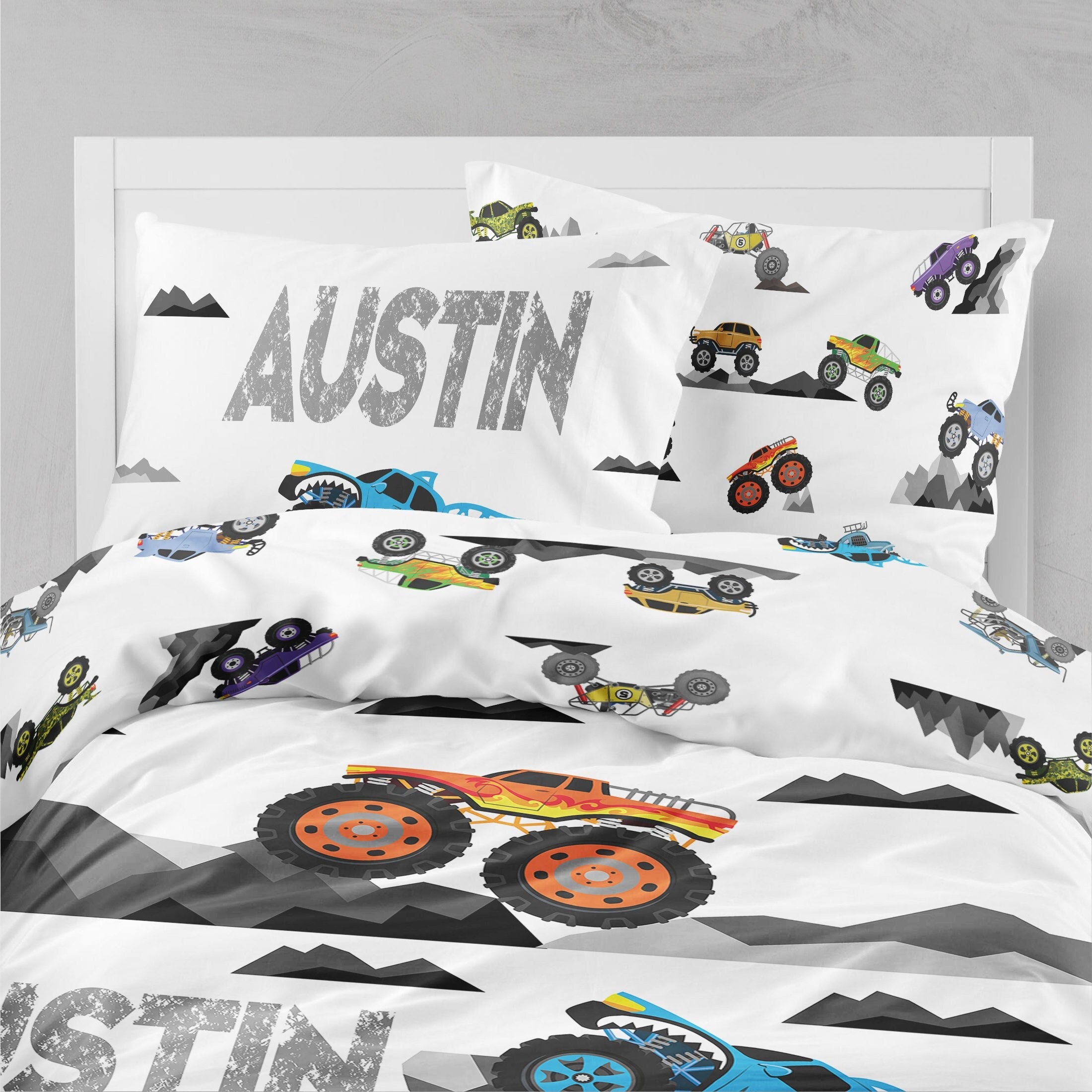 Discover Monster Truck Bedding, Monster truck sheet set, monster truck duvet, boys room, toddler bedding set, twin bedding, monster truck bed