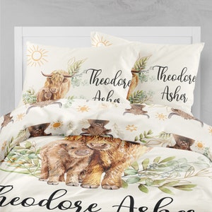 Highland Cow Boy Bedding Set, Personalized Bedding, Highland Cow Duvet Cover, Toddler bedding set, Boy Twin bedding, Highland Cow Sheet set
