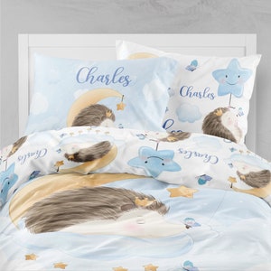 Personalized Hedgehog bedding set, woodland duvet cover, boy bedding set, bedding set boys, woodland duvet cover, hedgehog fitted sheet