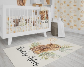 Highland Cow Nursery Rug: Personalized Baby Boy Room Decor