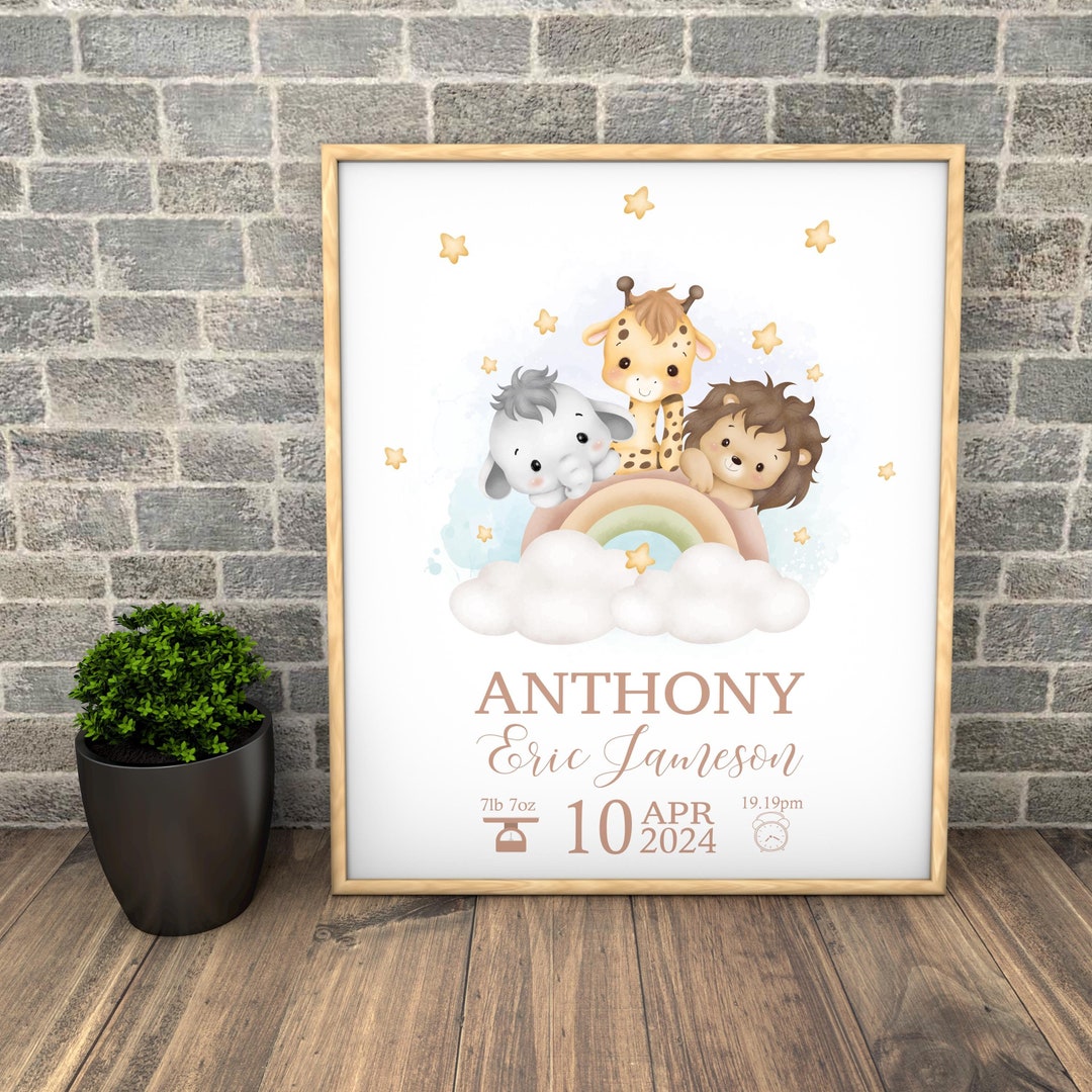 Birth Details Print, Safari Animal Print, Birth Poster, Baby Name Print ...
