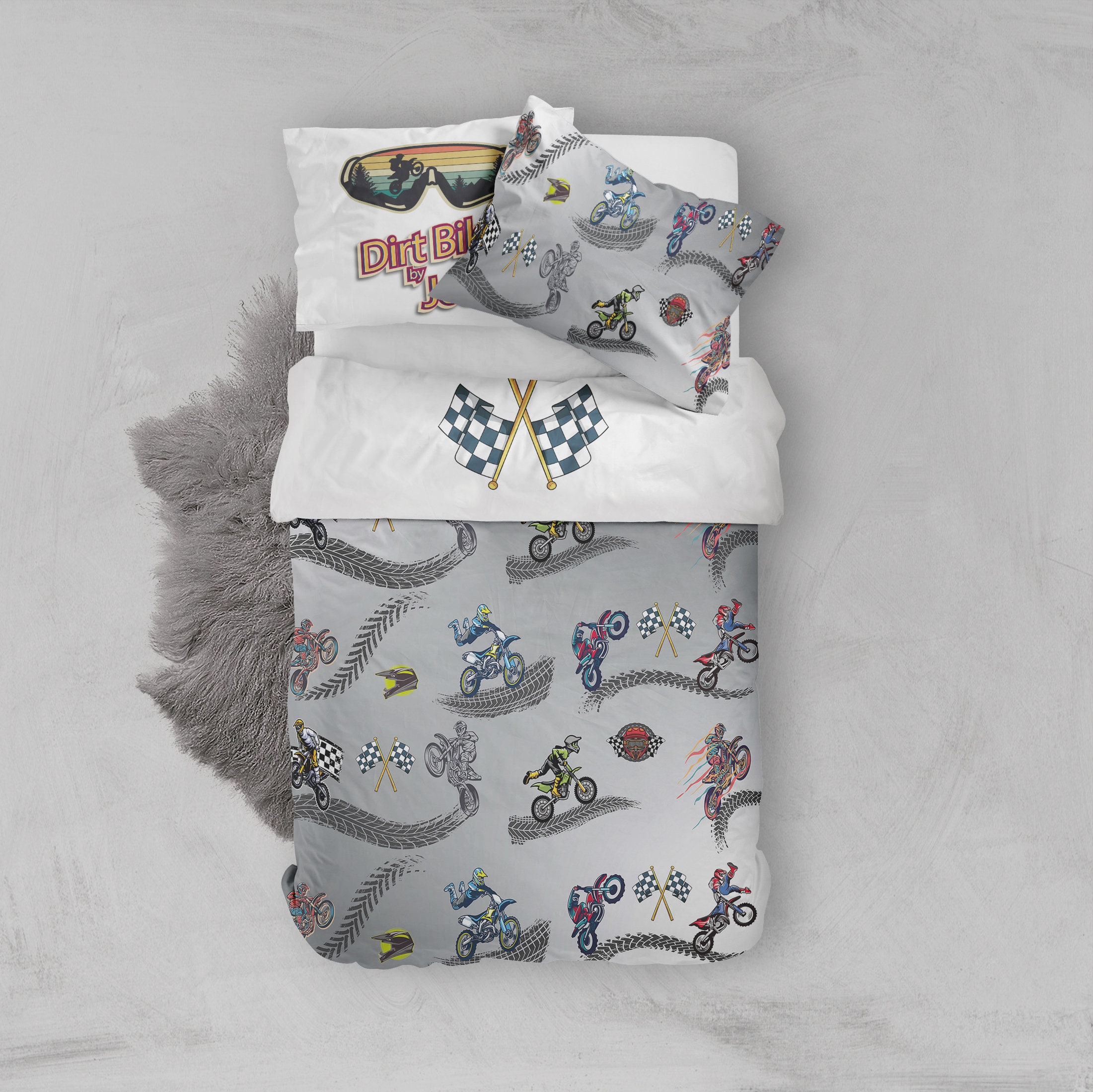 Custom Dirt Bike Duvet Sets With Pillowcases, Dirt Bike Bed Sheets With Name On For Kids, Boys Biker Bedding, Motocross Quilt