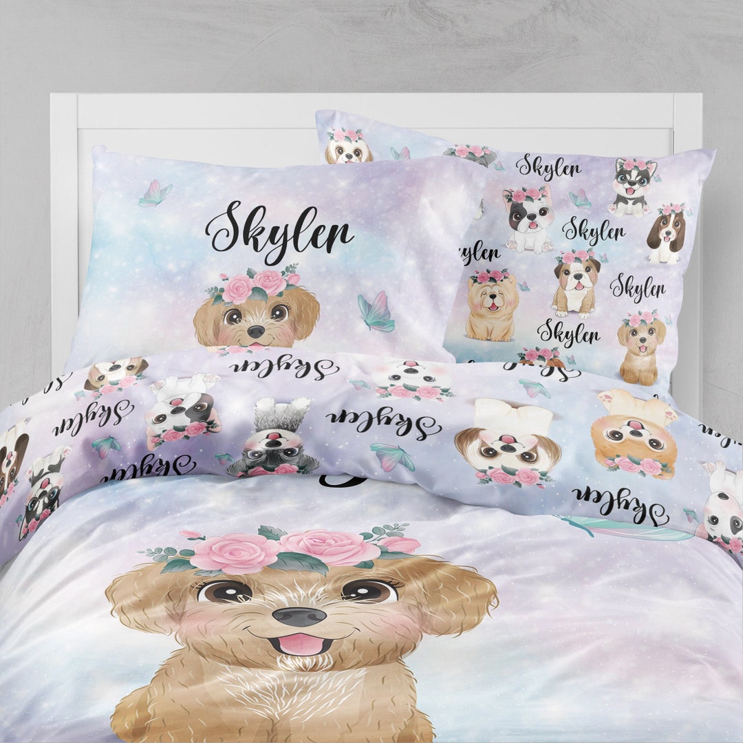 Puppies Girl Bedding, Dogs Girl Twin Bedding, Puppies Toddler Bedding