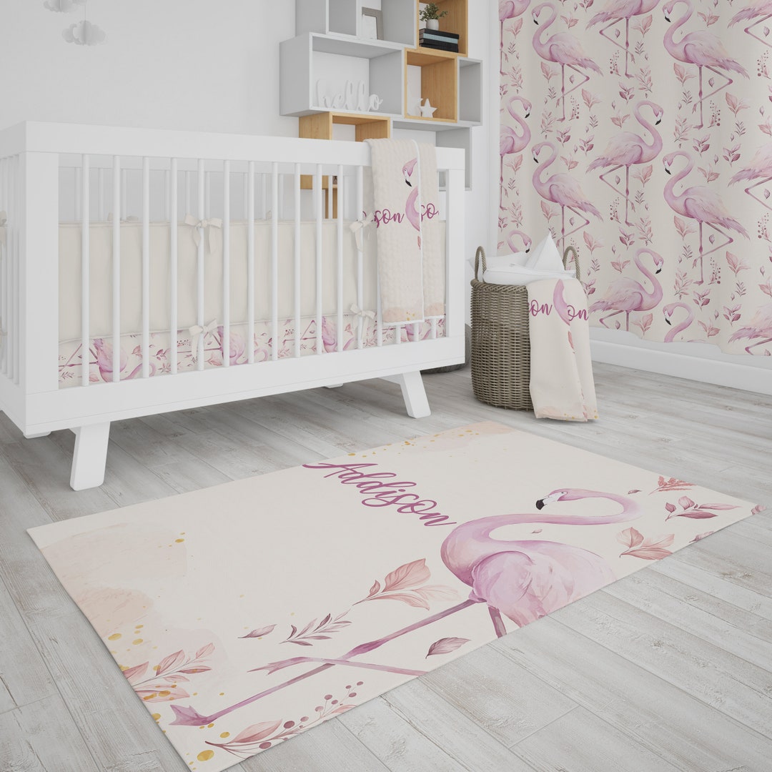 Flamingo Nursery Room Rug, Baby Girl Nursery, Custom Rug, Crib Set Girl ...