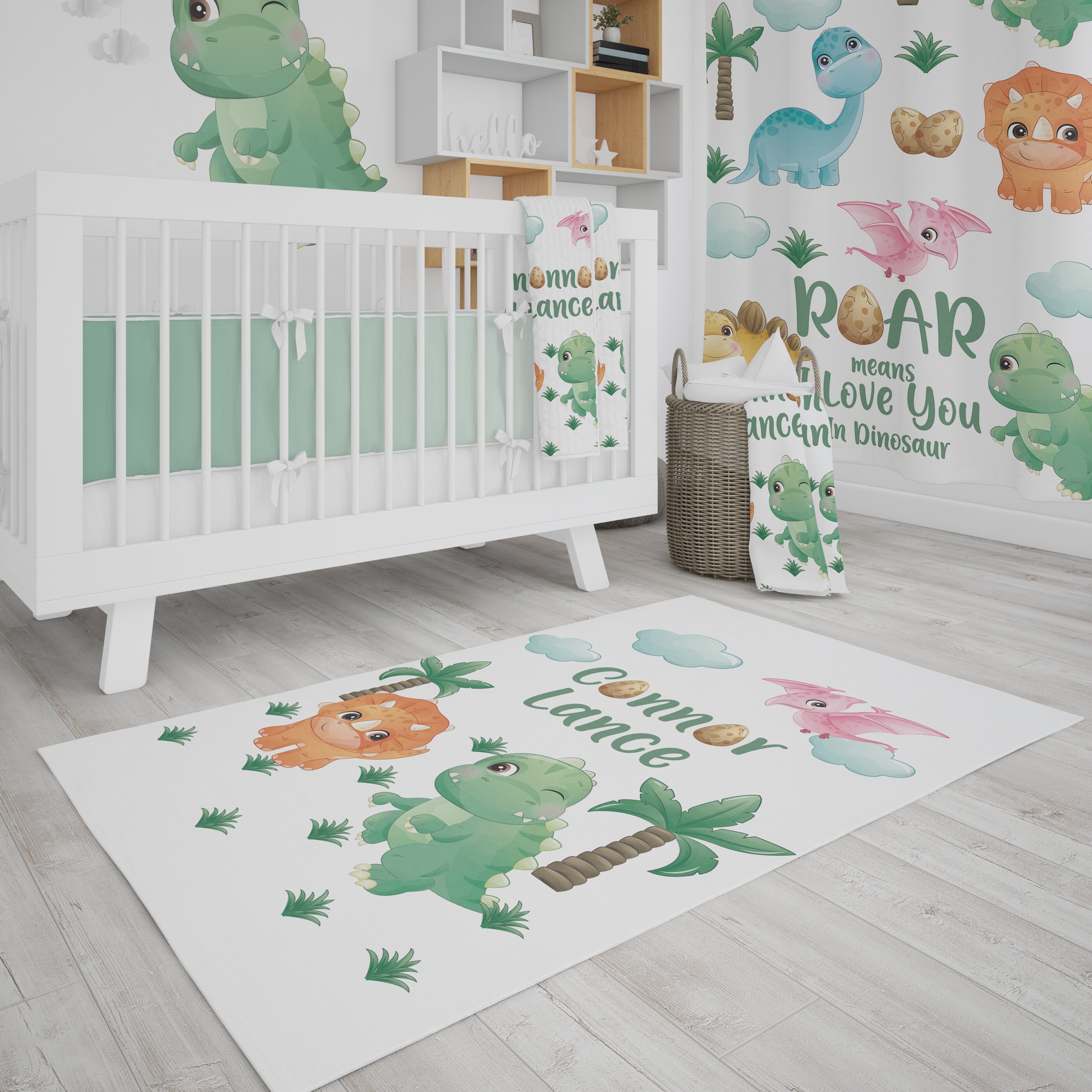 thumbnail image 2 of Personalized Baby Crib Bedding Set - Blue Dinosaur Design With Custom Name 2 of 10