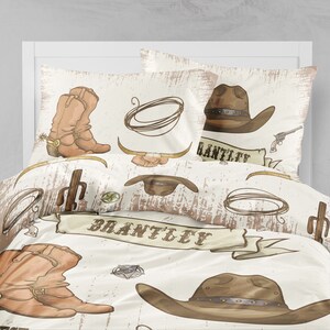 Conjunto de cama Western Boy, roupa de cama personalizada, capa de edredom de cowboy, conjunto de cama infantil, roupa de cama de solteiro para menino, conjunto de lençóis Wild West