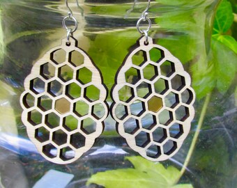 Laser earrings - statement earrings - hexagon earrings - boho festival jewelry - wood earrings - ladies anniversary gift - girlfriend gift