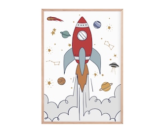 Raketendruck | abblasen | Weltraum Poster | Kinderzimmer Drucke | Weltraumdruck | Weltraum Dekor | Spielzimmer Dekor | Kinderzimmerdeko