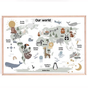 Impression de la carte du monde animal | impressions de pépinière | carte du monde imprimer les enfants | affiche de carte | affiche du monde | affiche éducative | impression de carte animale