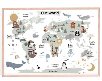 Mapa świata zwierząt: Wydruk: Dekoracja do pokoju dziecięcego w stylu skandynawskim, plakat edukacyjny