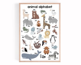 Animal Alphabet Print: Scandi Nursery Decor, Educational ABC Poster