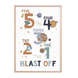 Weltraum-Zahlendruck 5,4,3,2,1 | abblasen | Weltraum Poster | Kinderzimmer Drucke | Weltraumdruck | Weltraum Dekor | Spielzimmer Dekor | Kinderzimmerdeko
