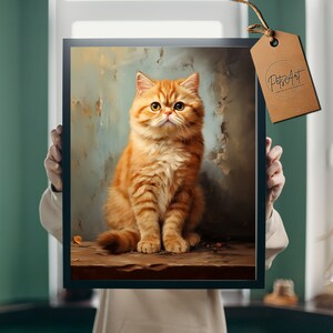 May include: A painting of a ginger cat sitting on a wooden surface. The cat has green eyes and is looking up. The background is a blue and brown textured wall.