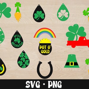 May include: A collection of St. Patrick's Day themed SVG and PNG cut files. The designs include green shamrocks, a rainbow, a pot of gold, a red truck, a horseshoe, a leprechaun hat, and a gnome. The text "Irish Mistletoe" and "Pot O' Gold" are also included.