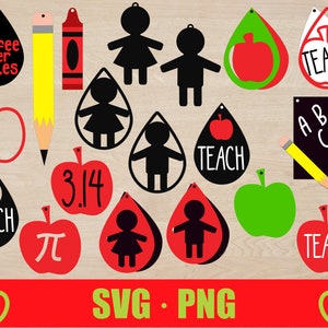 May include: A set of 16 SVG and PNG digital files for crafting earrings. The designs include apples, a pencil, a crayon, a teacher's apple, a girl and boy silhouette, and the words "Teach", "Coffee over Apples", "3.14", and "Pi".