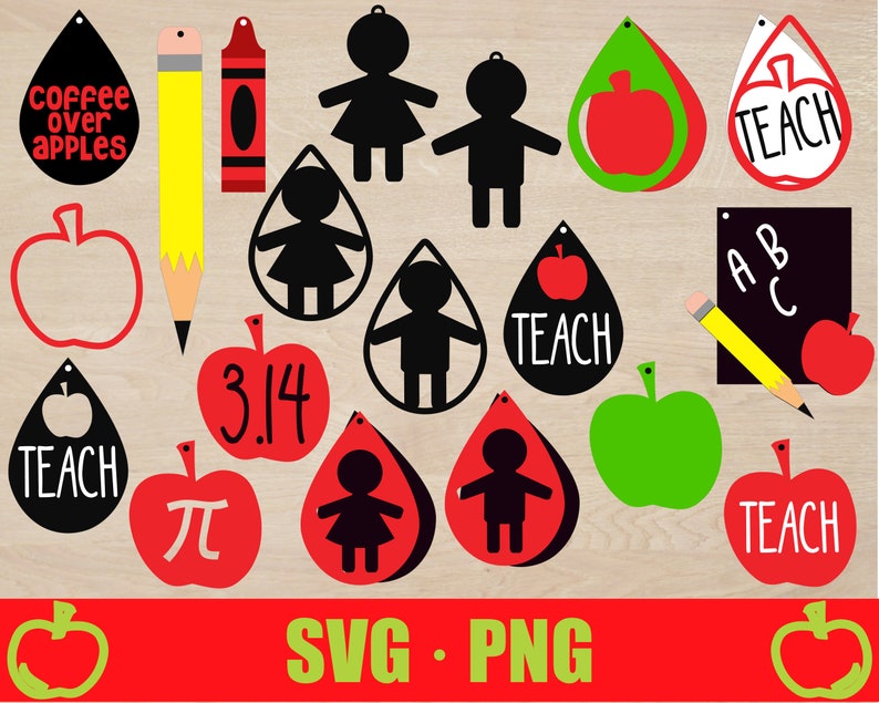 May include: A set of 16 SVG and PNG digital files for crafting earrings. The designs include apples, a pencil, a crayon, a teacher's apple, a girl and boy silhouette, and the words "Teach", "Coffee over Apples", "3.14", and "Pi".