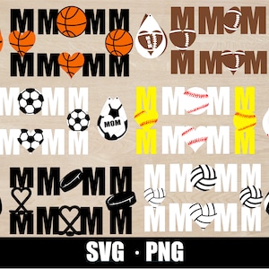 May include: SVG and PNG digital files for crafting earrings with a sports theme. The designs feature various sports balls, including baseballs, basketballs, soccer balls, volleyballs, footballs, and softball. The designs also include hearts and the word "MOM".