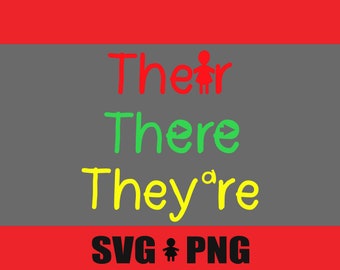 May include: A gray background with the words "Their", "There", and "They're" written in red, green, and yellow, respectively. The words are written in a playful, handwritten style. Below the words is the text "SVG PNG" in black.