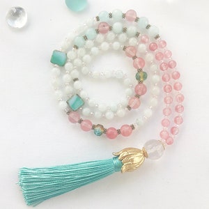 Boho style pearl necklace gold | Necklace women with real strawberry quartz & jade and long tassel | Ibiza jewelry
