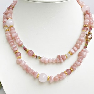 Boho-style pearl necklace gold | Necklace women with tourmaline & jade | Ibiza jewelry