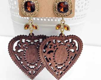 large wooden earrings heart crystal | Wooden hanging earrings brown | wooden earrings heart gold | Dirndl jewelery | costume jewellery