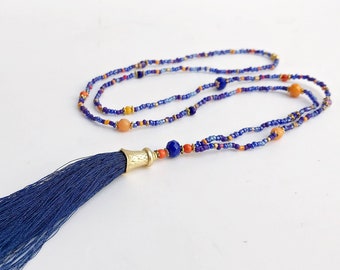 beautiful long pearl necklace with tassel in blue in boho style | Necklace ladies with glass pearl chain | Ibiza jewelry