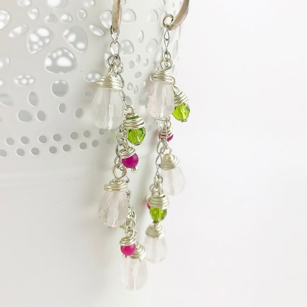 Boho Gemstone Earrings Rose Quartz | Designer earrings drops | Gemstone Earrings Chandelier Ibiza Jewelry