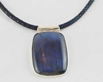 925 Sterling Silver Necklace Gemstone NINHURSAG | Leather necklace with labradorite | Necklace leather with snakeskin embossing blue | Ibiza jewelry